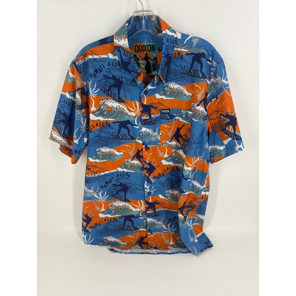 Dixxon Flannelโ Company Mens Aloha Shirt Surfer Wave Graphic Blue Orange M